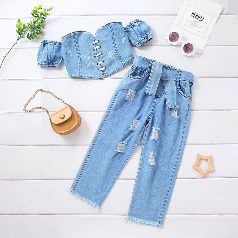 Baby Clothing Girls' Short sleeved strapless top + ripped denim pants + belt