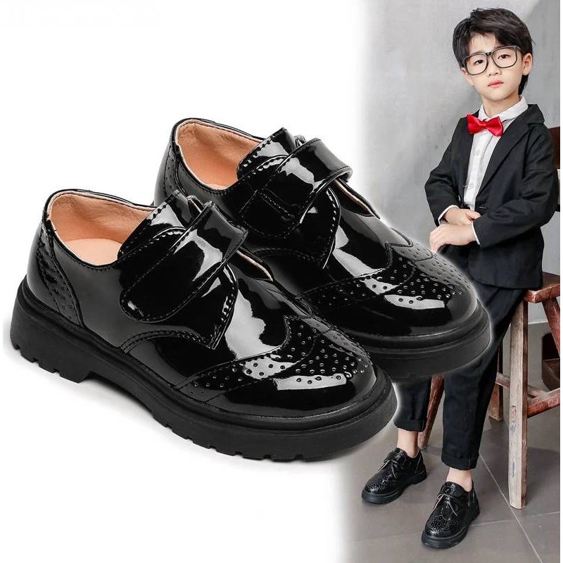 SHLIANG Fashion Boys Black Leather Shoes Soft Performance Spring Autumn New British Style Soft Loafers Black for Uniform Kids SA126