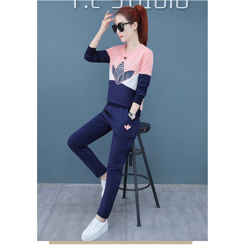 Women's Fashionable color matching loose sweatshirt + straight pants plus velvet two-piece set