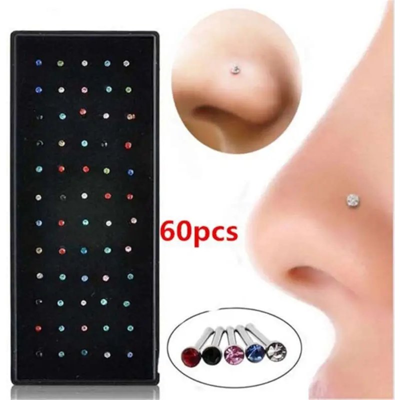 60pcs/set Nose Studs – Diamond Rhinestone Piercing Jewelry (Assorted & Individually Packed)