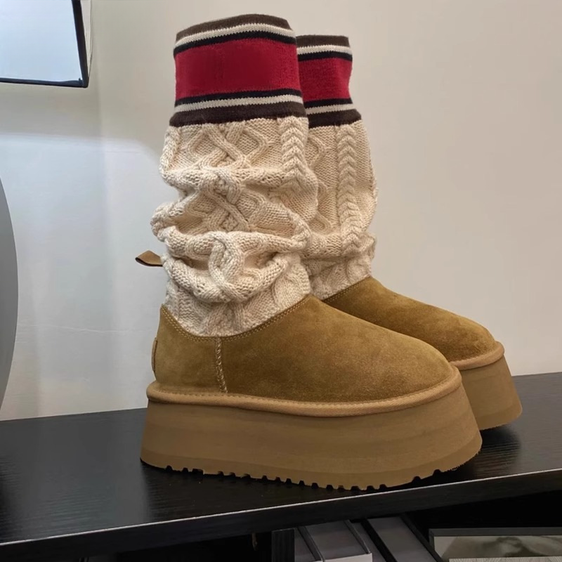 Leather and fur integrated snow yarn tube, winter 2024 new sponge cake thick sole, high tube boots, women's trend