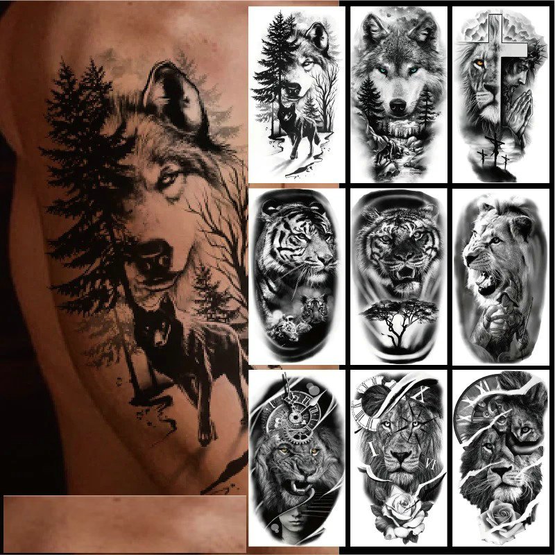 New Disposable Temporary Animal Flower Tattoo Half Arm Lion Tiger Wolf Head Waterproof Stickers For Men Women Female Girl Boy Male