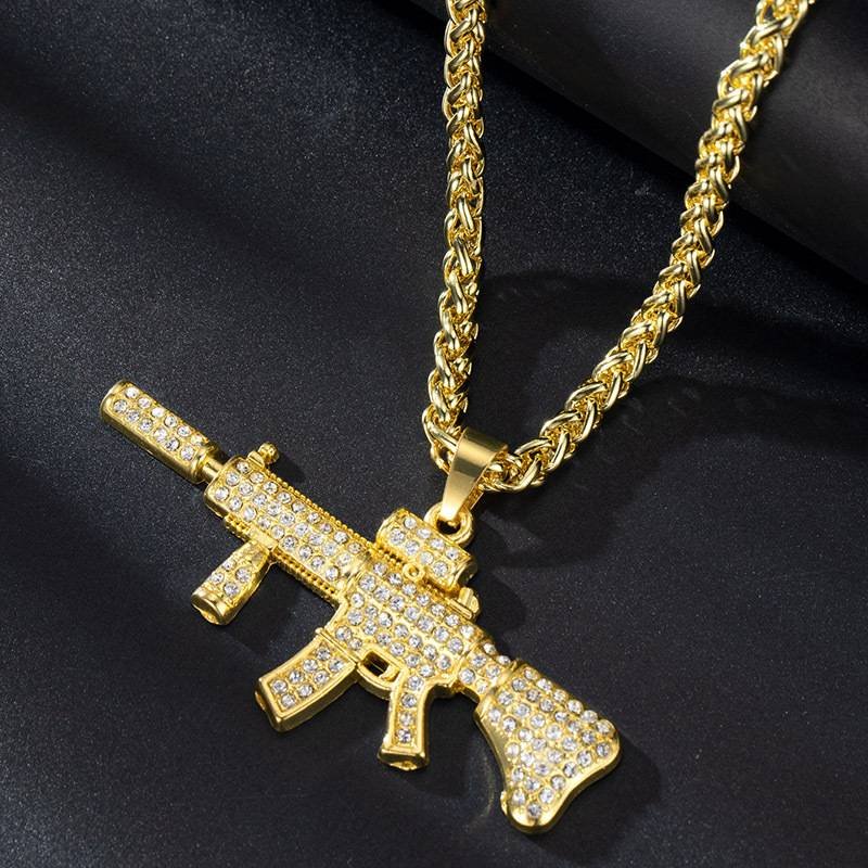 Alloy Full Diamond M4 Machine Gun Pendant - 24-26 Inch Hip-Hop Necklace For Men & Women, Trendy Streetwear Jewelry For Rappers & Streetwear Lovers