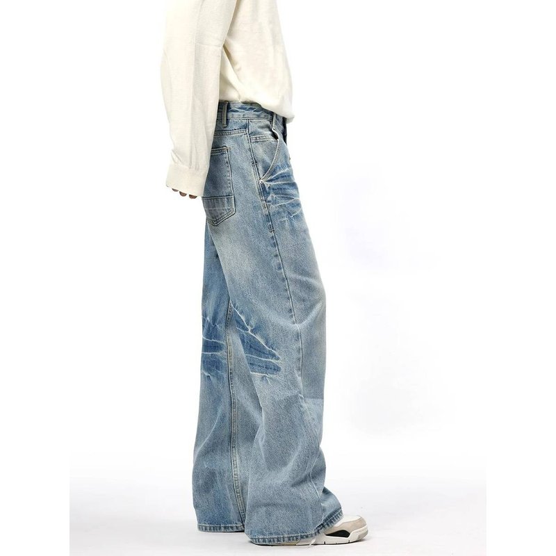 Men's Clothing American Retro High Street Lightning Cracked Jeans Niche Straight Flared Casual Trousers