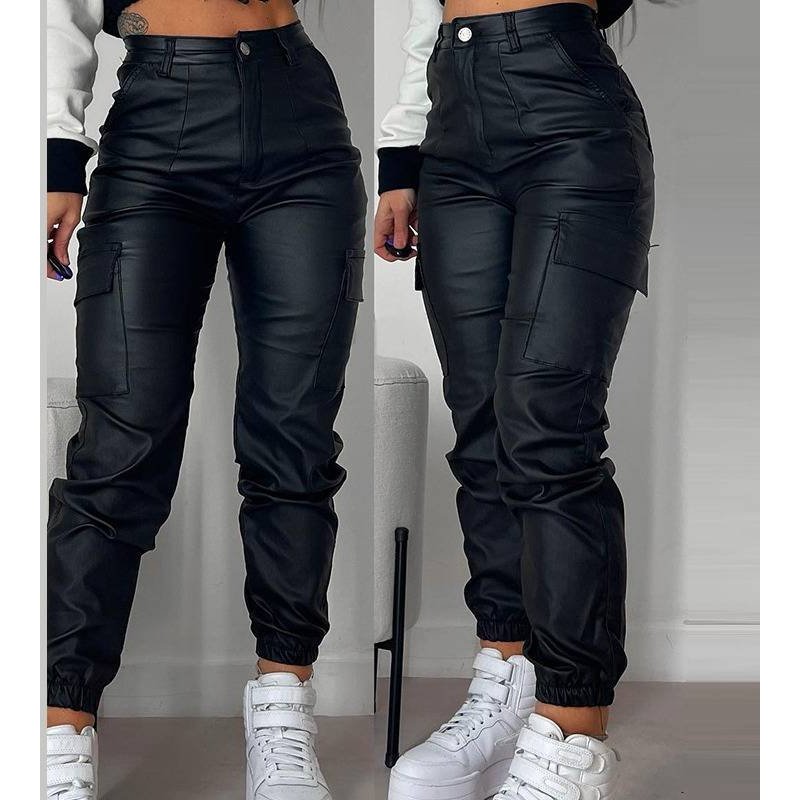 Women's Motorcycle Zipper Pleated Pocket Fashion PU Casual Patch Pocket Manhattan Small Leg Trousers
