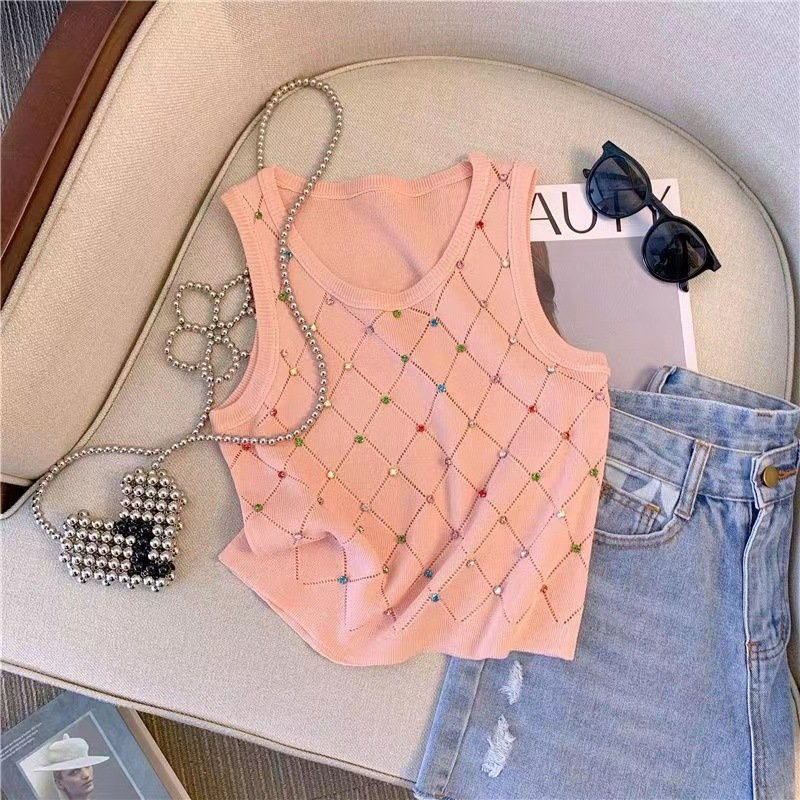 Women's Clothing outerwear tops diamond sleeveless round neck slim vest