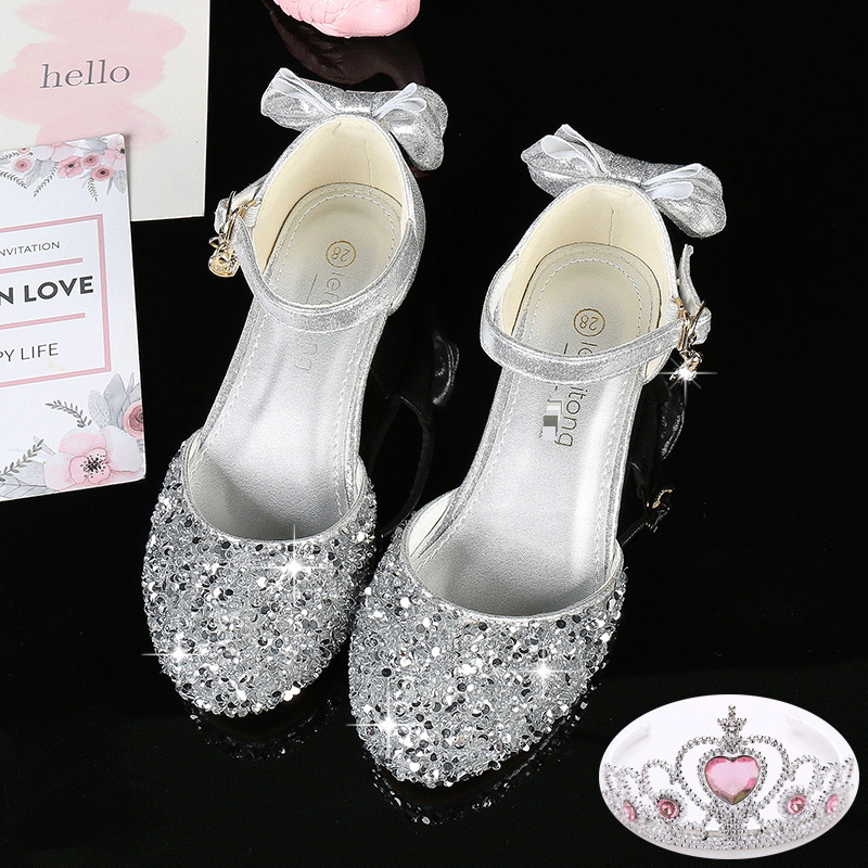Girls High Heels Little Princess Performance Leather Shoes Silver Children's Matching Dress Middle And Large Children Catwalk Stage Crystal Shoes