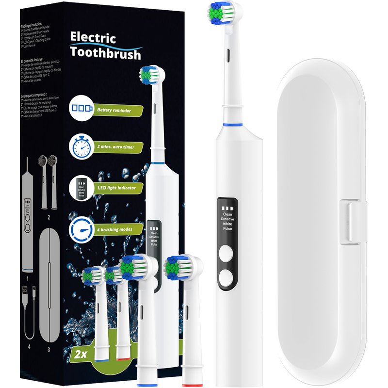 Smart Electric Toothbrush With 2 Brush Heads - 4 Modes And 2 Min Timer Rechargeable Powered Electric Toothbrushes, Compatible With Oral B Brush Head