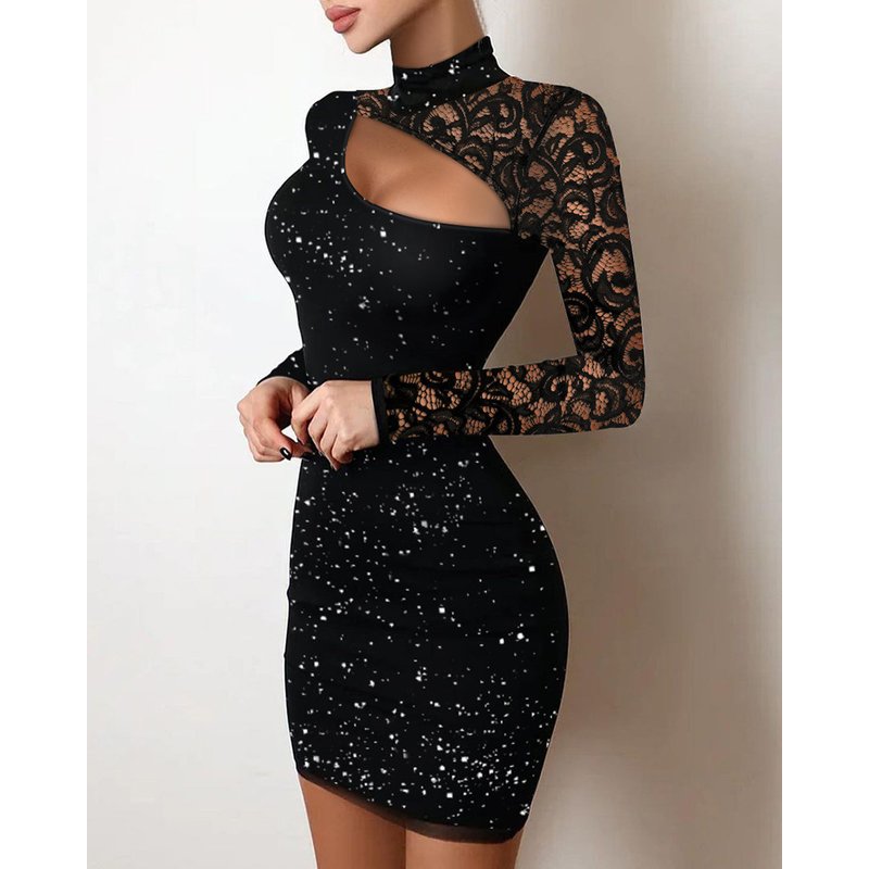European And American Lace Hollow Fashion Dress Flashing Highlights Knitted Fabric Slim Fit Hip Skirt