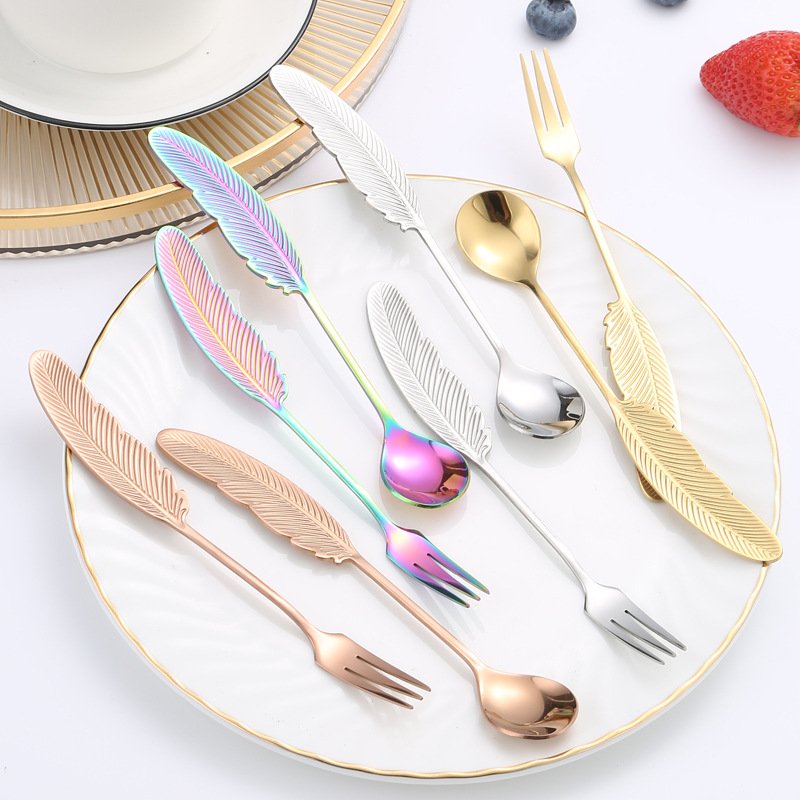 304 stainless steel children's spoon feather spoon coffee spoon fork creative wings stirring spoon bird's nest spoon with hand gift