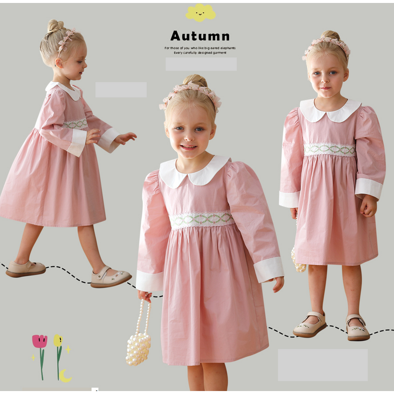 Mother & Kids French rattan flower embroidery doll collar girl dress 2024 autumn style contrast color pure cotton sweet princess dress long sleeve