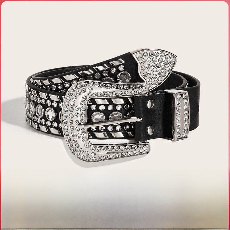 Y2K Wide Belt For Women With Decorative Willow Nails Rhinestone Detail European American Fashion Casual Polyester Synthetic Leather