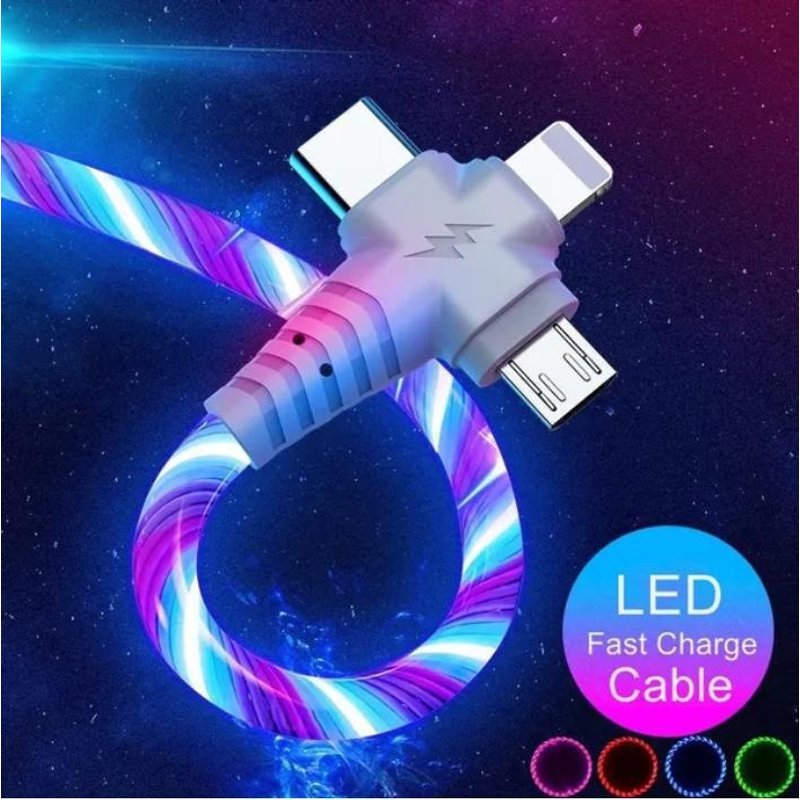 3 in 1 Multifunctional Charger Cable LED Light Fast Cable For Android Phone iPhone Samsung Huawei Xiaomi Realme OnePlus Tablet, etc.