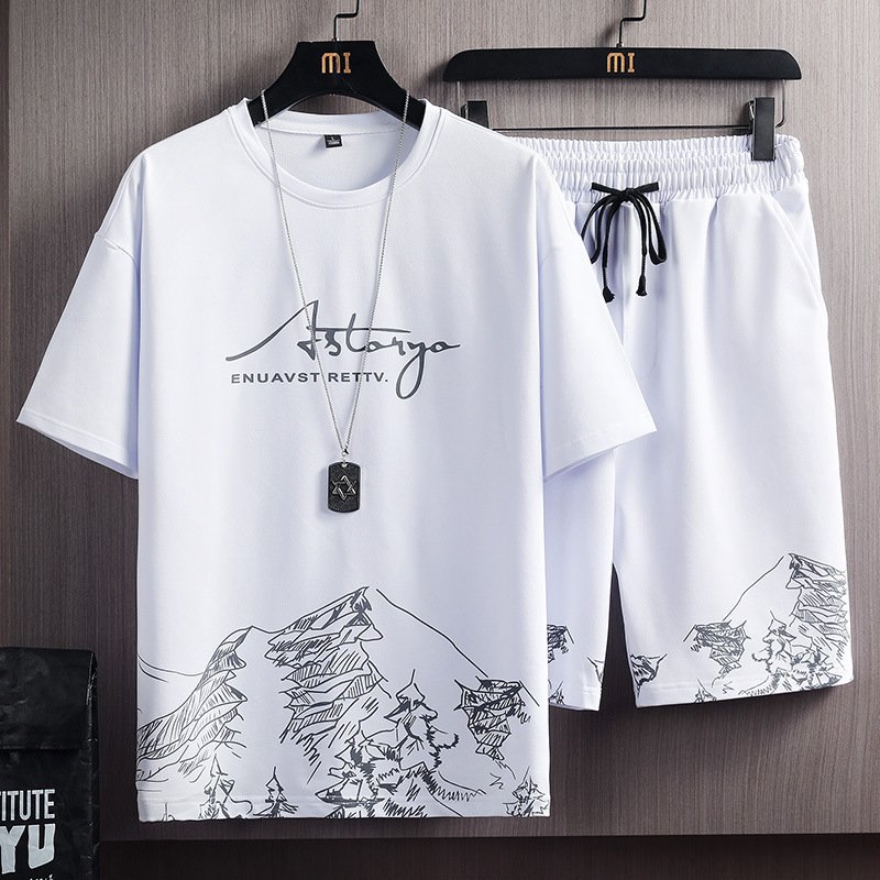 Men's Clothing T-shirt suit men's summer new snow mountain print fashion trend Korean version of slim fit large size sports two-piece set