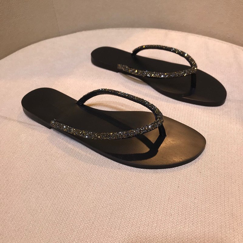 2024 Summer New Rhinestone Flip-Flops Flat Toe Outdoor Beach Sandals For Women Black Versatile Style