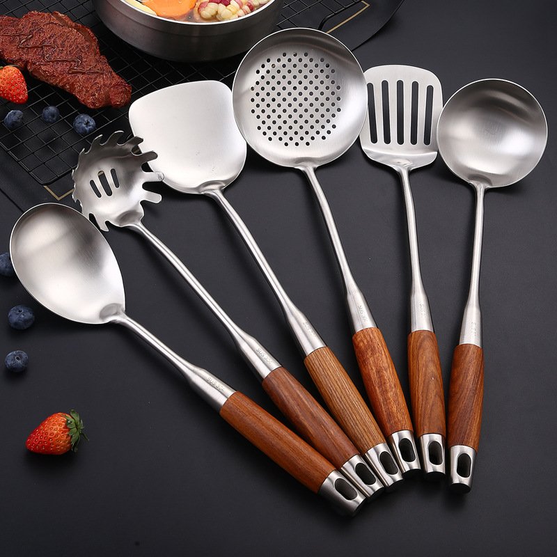 6-Piece 304 Stainless Steel Kitchen Utensil Set – Heat-Resistant Spatula, Spoon, Slotted Spoon & More With Rosewood Handles