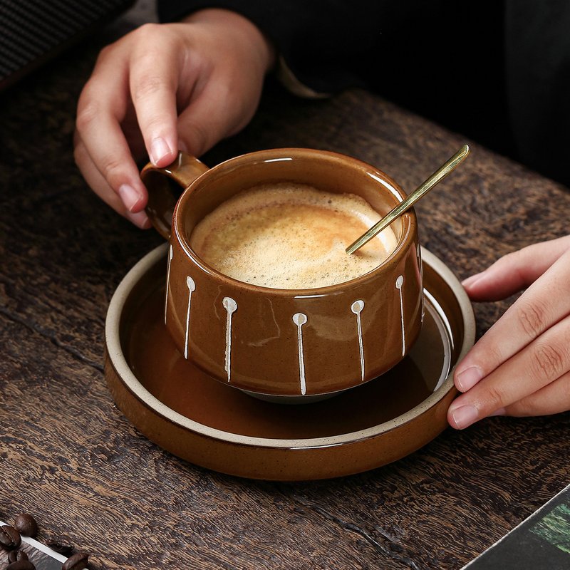Hand-Painted Retro Ceramic Mug & Saucer Set – Rustic Japanese-Inspired Coffee Cup For Afternoon Tea, Milk & Latte, Unique Artisan Craftsmanship