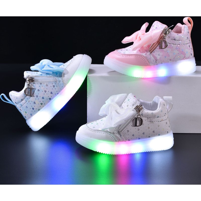 Children's Shoes New Spring And Autumn Girls Princess Led Light Up Small And Medium Girls Casual Bow Sports Soft Bottom Shoes