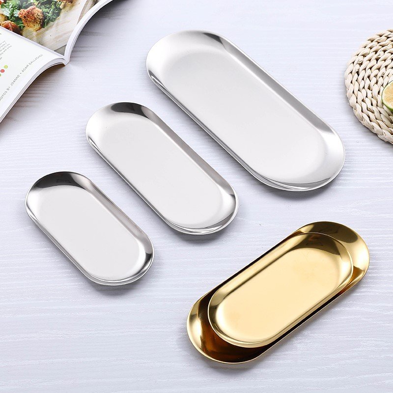 Home Furniture Ins Jewelry Storage Tray Dessert Cake Barbecue Gold Towel Tray Outdoor Stainless Steel Oval Tray