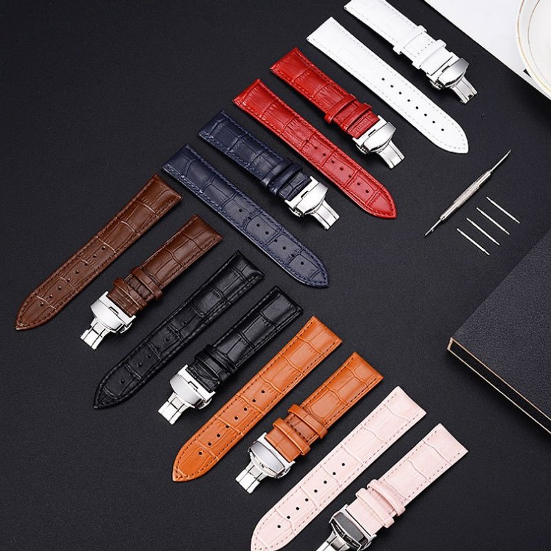 Bamboo Grain Cowhide Leather Watch Strap Butterfly Buckle Soft Belt Smart Watch Strap Calfskin Wrist Strap
