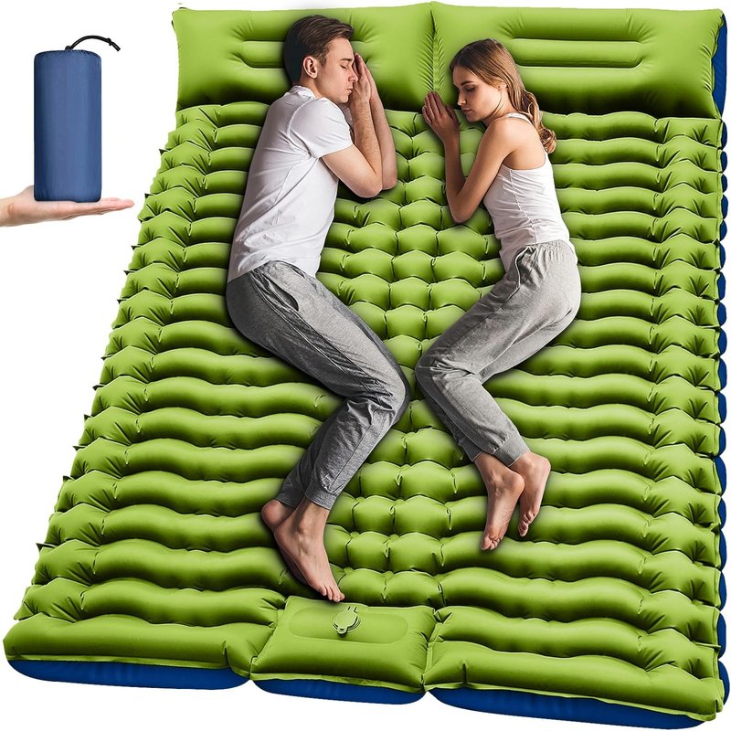 Double Sleeping Pad - Self Inflating 4" Extra-Thick for 2 Person with Pillow Built-in Foot Pump Inflatable Sleeping Mat for Backpacking, Hiking