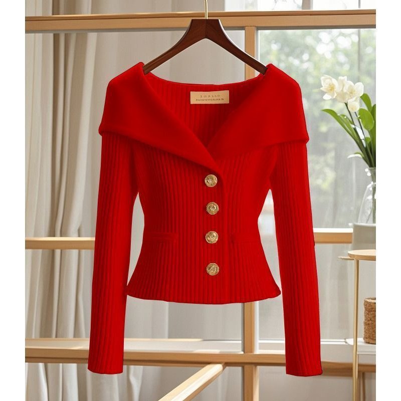 Women's Clothing Design Niche Elegant Knit Cardigan With Button Closure, Navy Collar & Waist-Defining Fit – Versatile For Work & Casual Wear