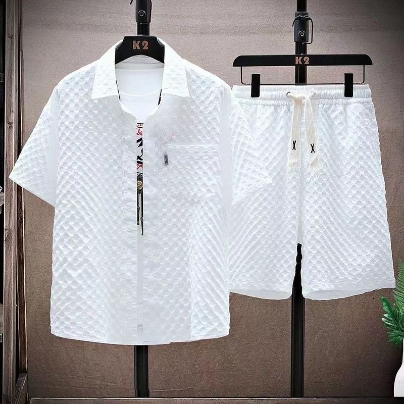 Men's Clothing 2024 New Summer Ice Silk Suit Men's Trendy Short-Sleeved Shirt And Shorts Set Waffle Thin Sports Casual Two-Piece Suit