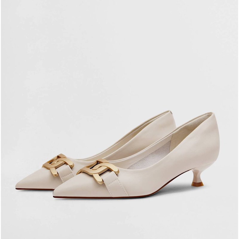 cameido Women's commuter shoes with metal buckles, pointed-toe, shallow-mouth, kitten-heeled single shoes, versatile mid-heeled work shoes.