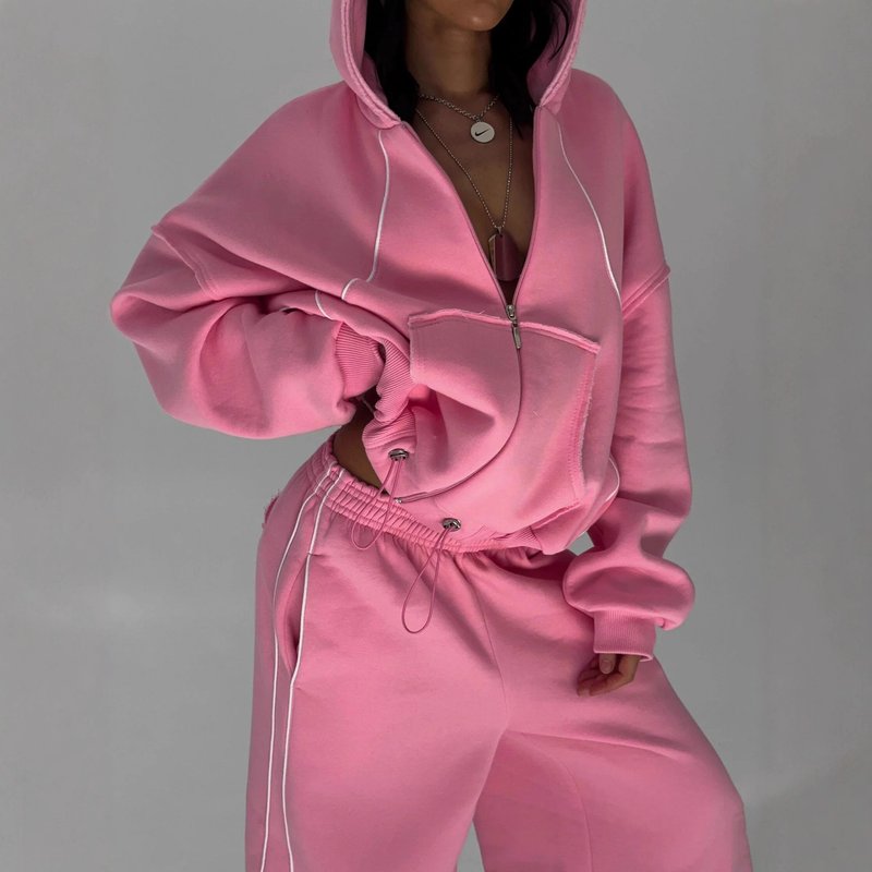 Women's Clothing Autumn And Winter Sports Two Piece Suit, Fashionable Zipper Long Sleeved Hooded Sweatshirt And Line Loose Sports Sweatpants Suit