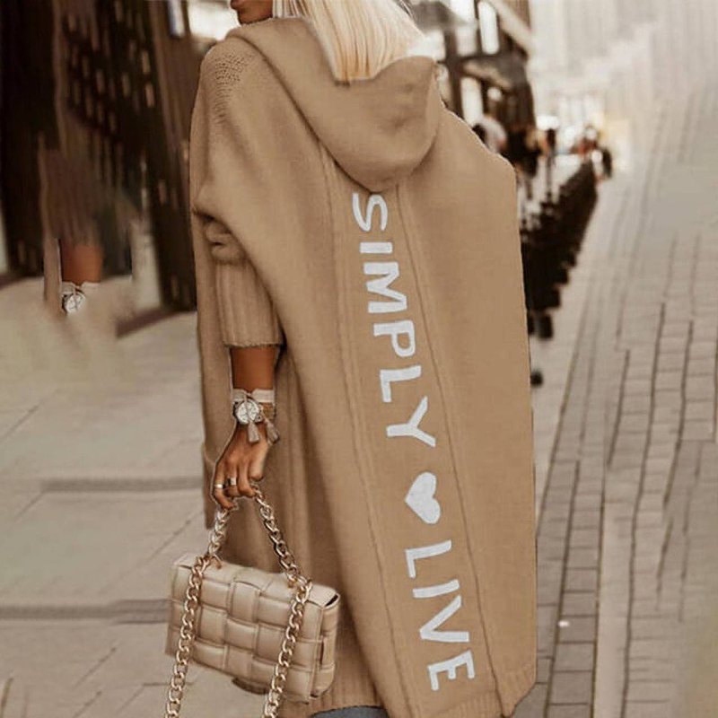 New sweater long cardigan lapel hooded long letter wool loose knitted coat