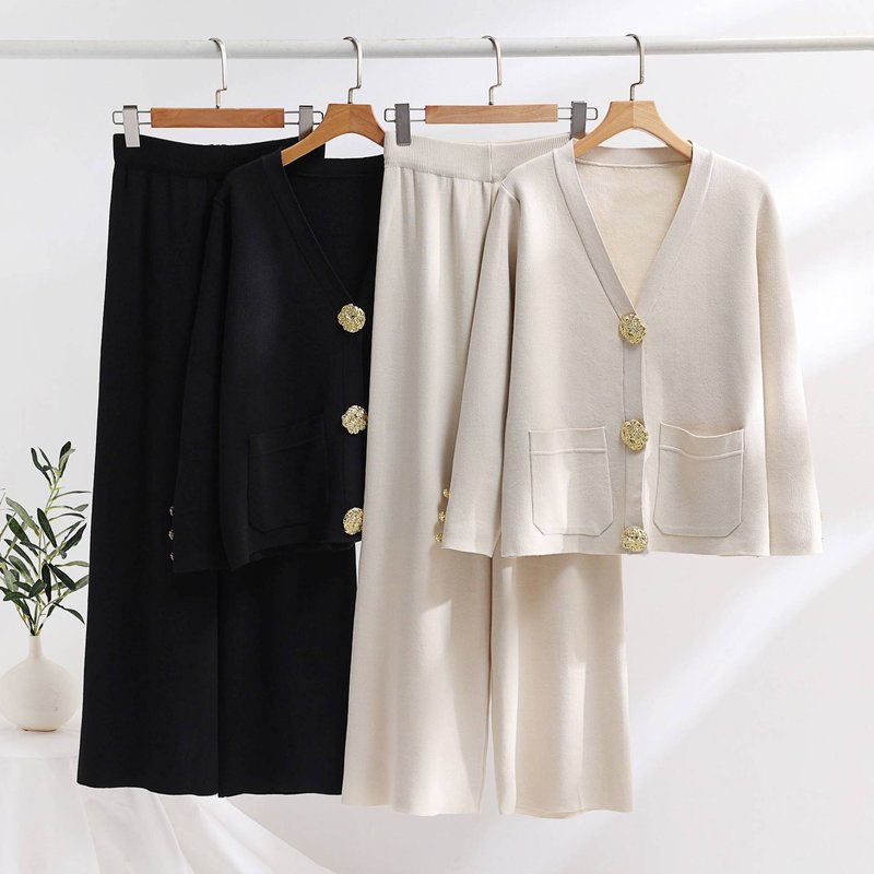 Women’s Clothing Inspired Knit Set – Gold Button Sweater With Contrast Cuffs (4 Colors)