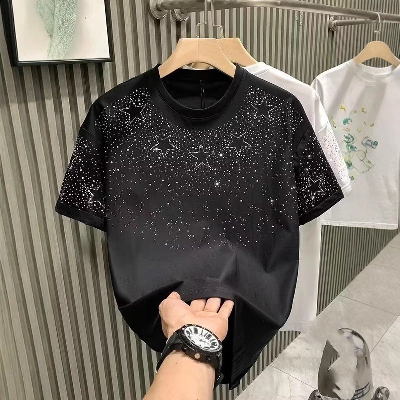 Luxury Men's Short Sleeve T-Shirt, Star Embroidered & Crystal Studded, High-End Streetwear, Unique Boutique Style, Slim Fit Premium Cotton Tee​​