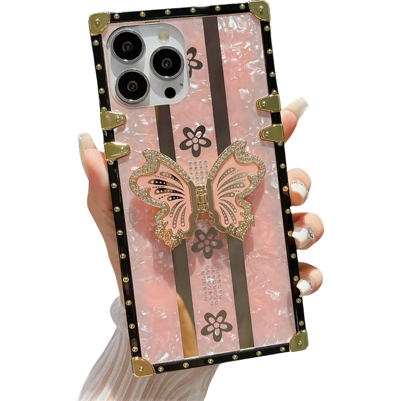 Diamond inlaid Phone Case For iPhone 15 Pro Max 13 12 11 XR 14 Puls Hard Acrylic Large Border Butterfly Bracket Cases