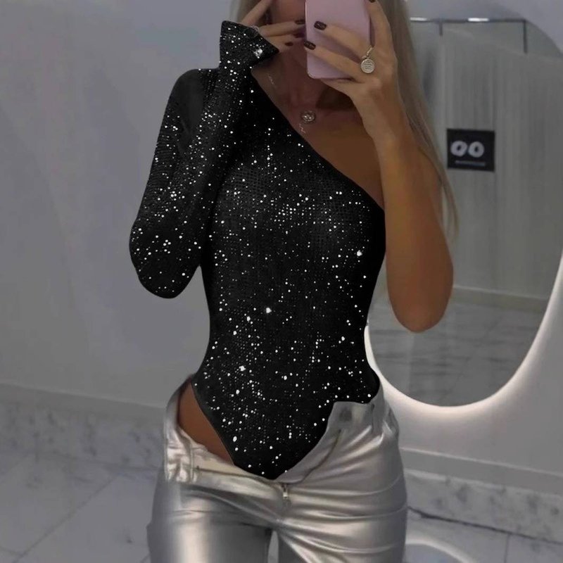 Women's Clothing Spring And Summer Hot Girl Sexy One Shoulder Tight Rhinestone Sequin Top