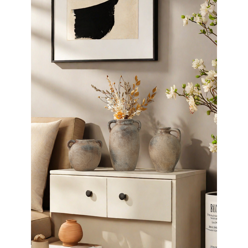 1pc Vintage Style Brown Ceramic Vase With Handle Can Hold Water, Flower Arrangement Vase Multi-scene Ornament Decoration Vase