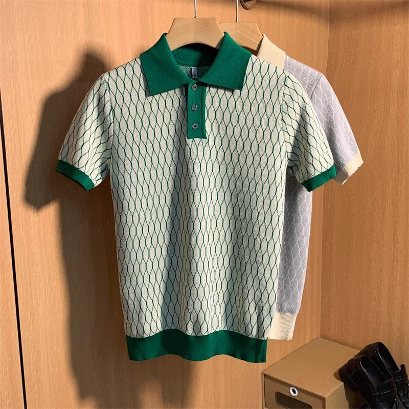 Men's Clothing Light Luxury Men's Plaid Ice Silk Knitted Short Sleeved Lapel T Shirt Men's Summer Slim Breathable Half Sleeved Casual Polo
