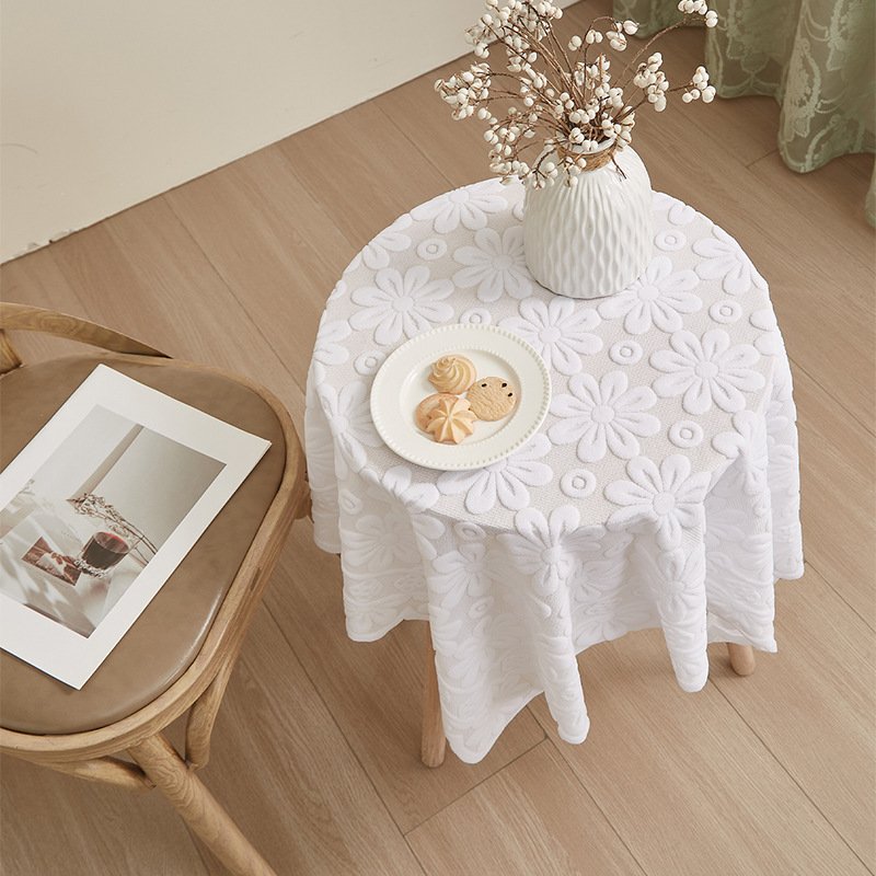 Sunflower Tablecloth – 60% Polyester 40% Cotton, White & Beige Boho Table Cover For Dining, Coffee, Desk – Vintage Floral Decor