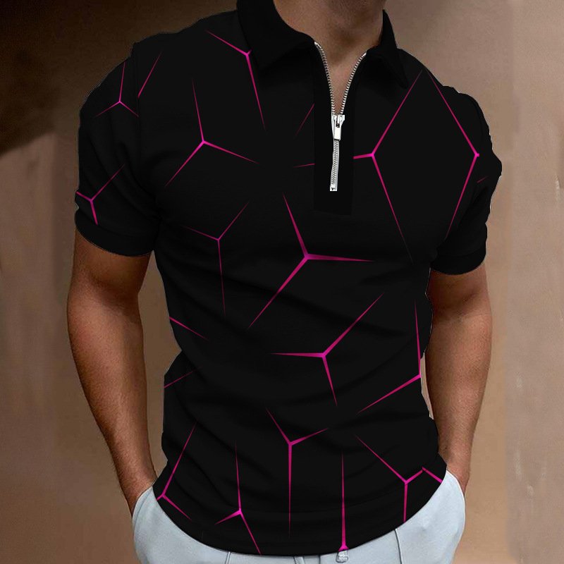 Zipper Polo Shirt Colorblock Short Sleeve T Shirt Top for Men