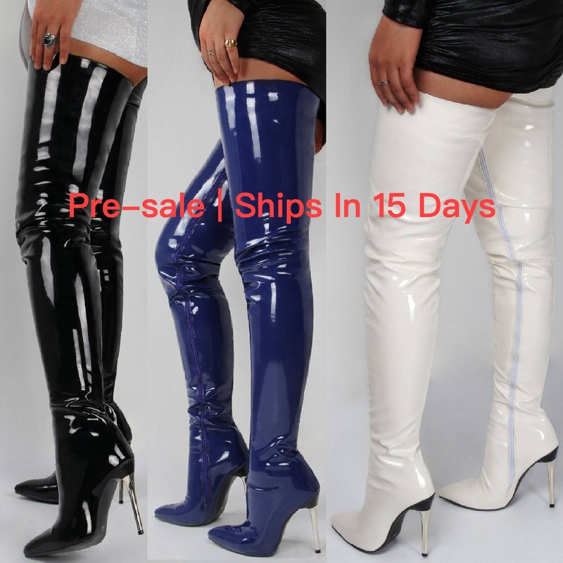 【Pre-sale | Ships In 15 Days】Sexy Pointy Side Zipper Patent Leather Stiletto Boots Over The Knee Plus Size Leather Boots