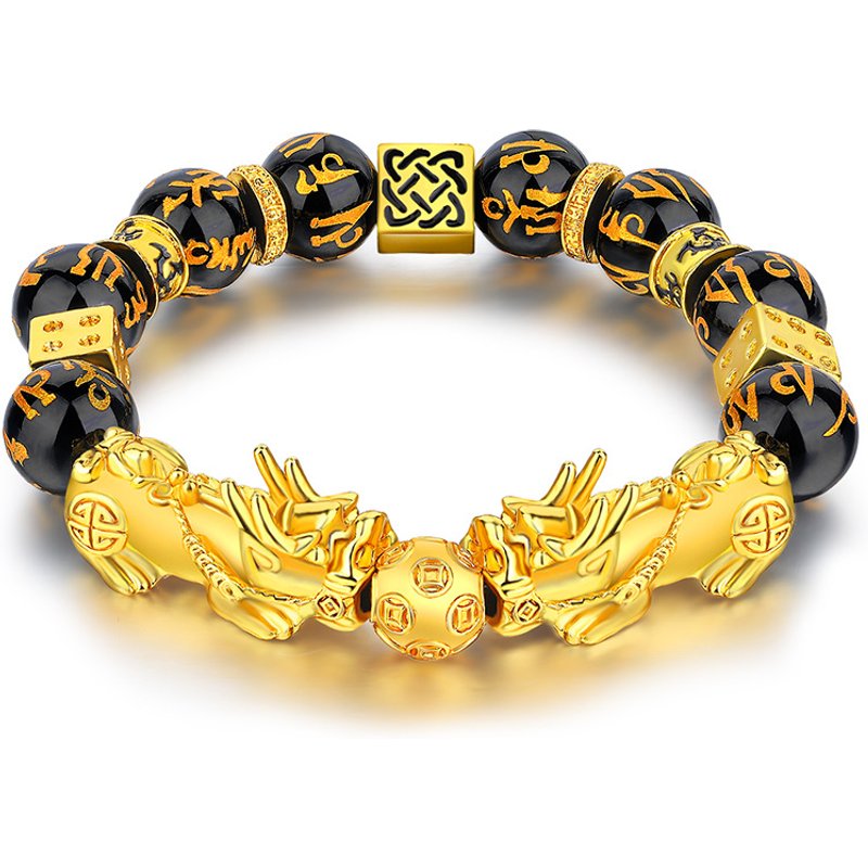 Unisex Jewelry Fashion Gold Bracelet Gold-like Obsidian Six-character Mantra Beads Bracelet