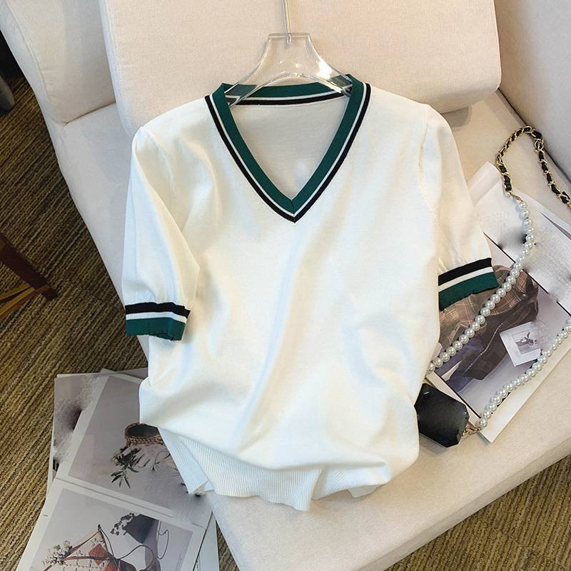 Women's Clothing Summer Design Contrast Color V Neck Loose Version Ice Silk Knitted Short Sleeved T Shirt