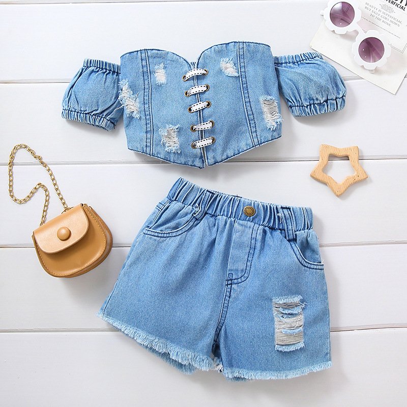 Baby Clothing Girls' off-the-shoulder short sleeve strap-up denim ripped top + shorts set