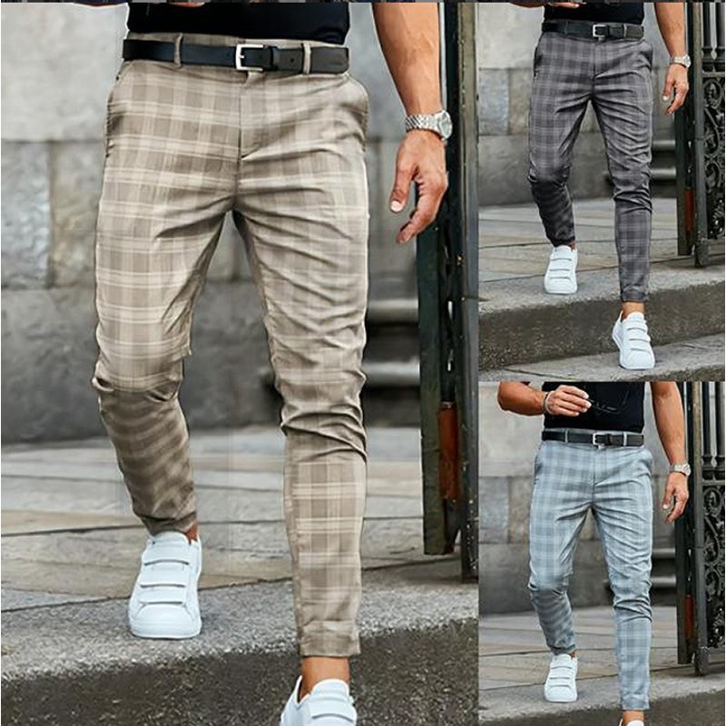 New 2025 Men's Formal Business Suit Pants Fashion Mid-waist Print Plaid Trousers Spring Autumn Comfortable Elastic Pants For Men (No Belt)