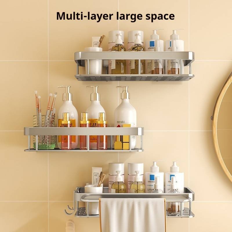 No-Drill Shower Shelf – Rustproof Aluminum Bathroom Organizer (Wall-Mounted, 3-Tier Storage For Shampoo, Soap & Razors, Space-Saving Design)