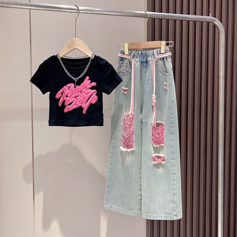Mother & Kids Girls New Three Dimensional Spray Painted Graffiti Short Sleeved Colorful Denim Ripped Pants Suit Children's Style Wide Leg Pants