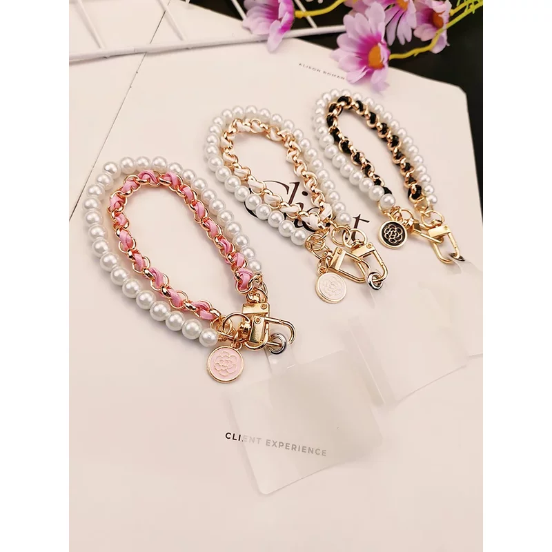 Leather Pearl Camellia Mobile Charm Bracelet Chain for IPhone Samsung Anti-lost Universal Cell Phone Strap Rope Pendant