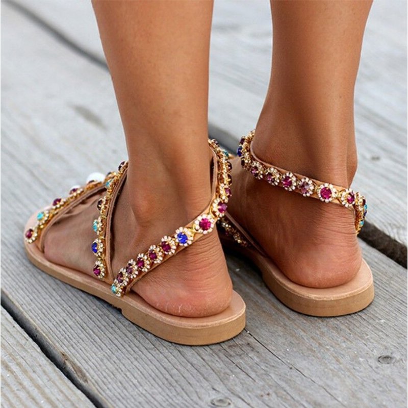 2024 summer large size flat flower toe sandals European and American diamond beach shoes for women size 43 foreign trade shoes