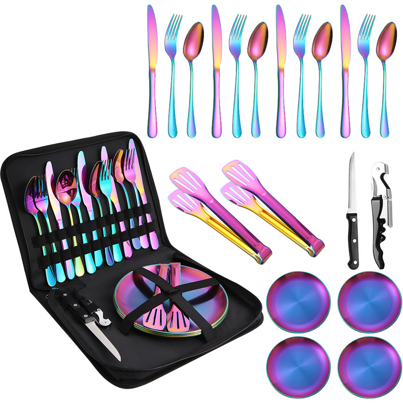 Stainless Steel Outdoor Cutlery Set Take Out Camping Steak Knife Fork Spoon Cloth Bag Cutlery Set