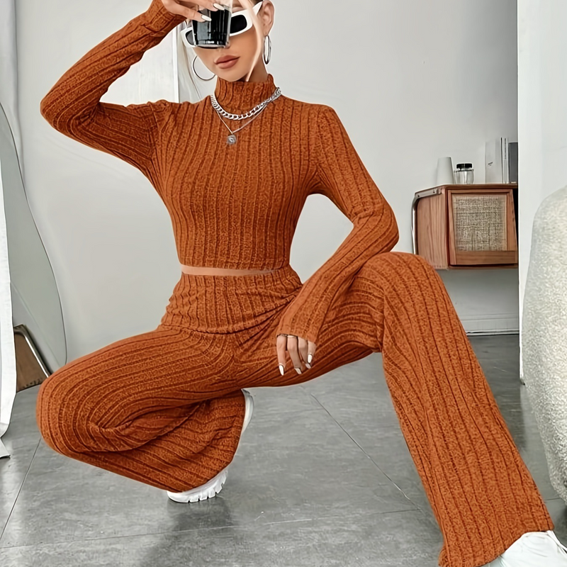 Women's Tight Fashion Solid Color Pit Strip Set Long Sleeve Sweater Base