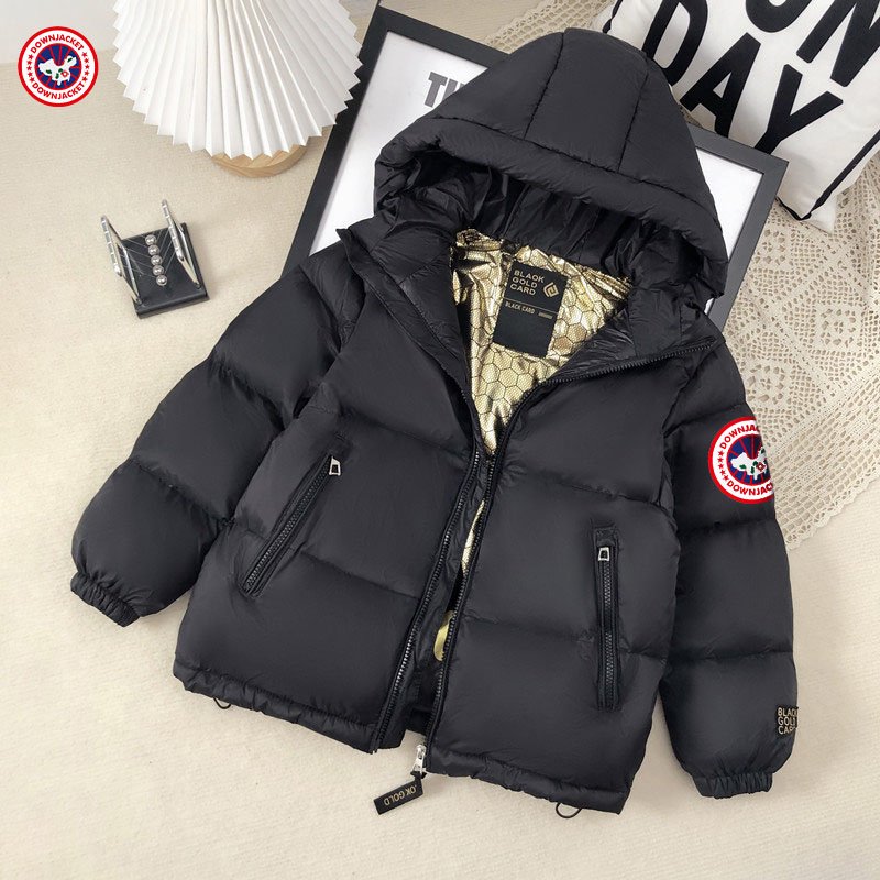 Kids' Black & Gold China Map Puffer Jacket - Faux Fur Trim Hooded Parka, Winter Coat With Glow-in-Dark Details